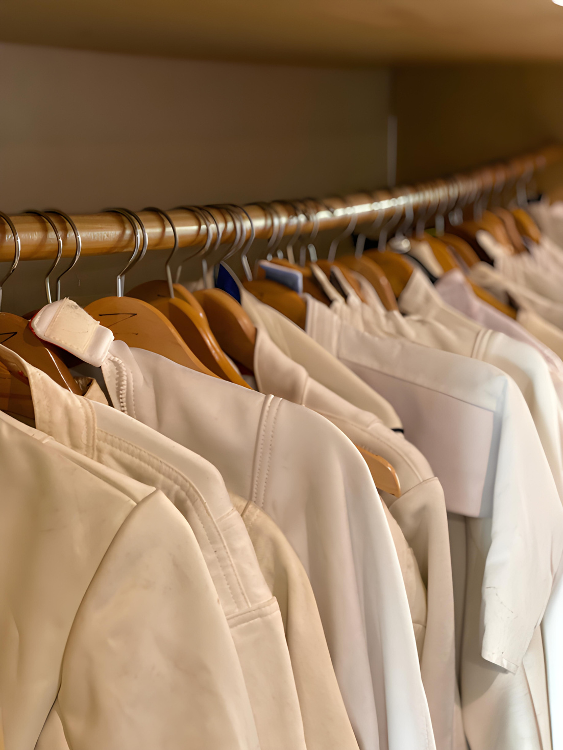 a row of white fencing jackets hanging on a coat rack at west coast fencing academy